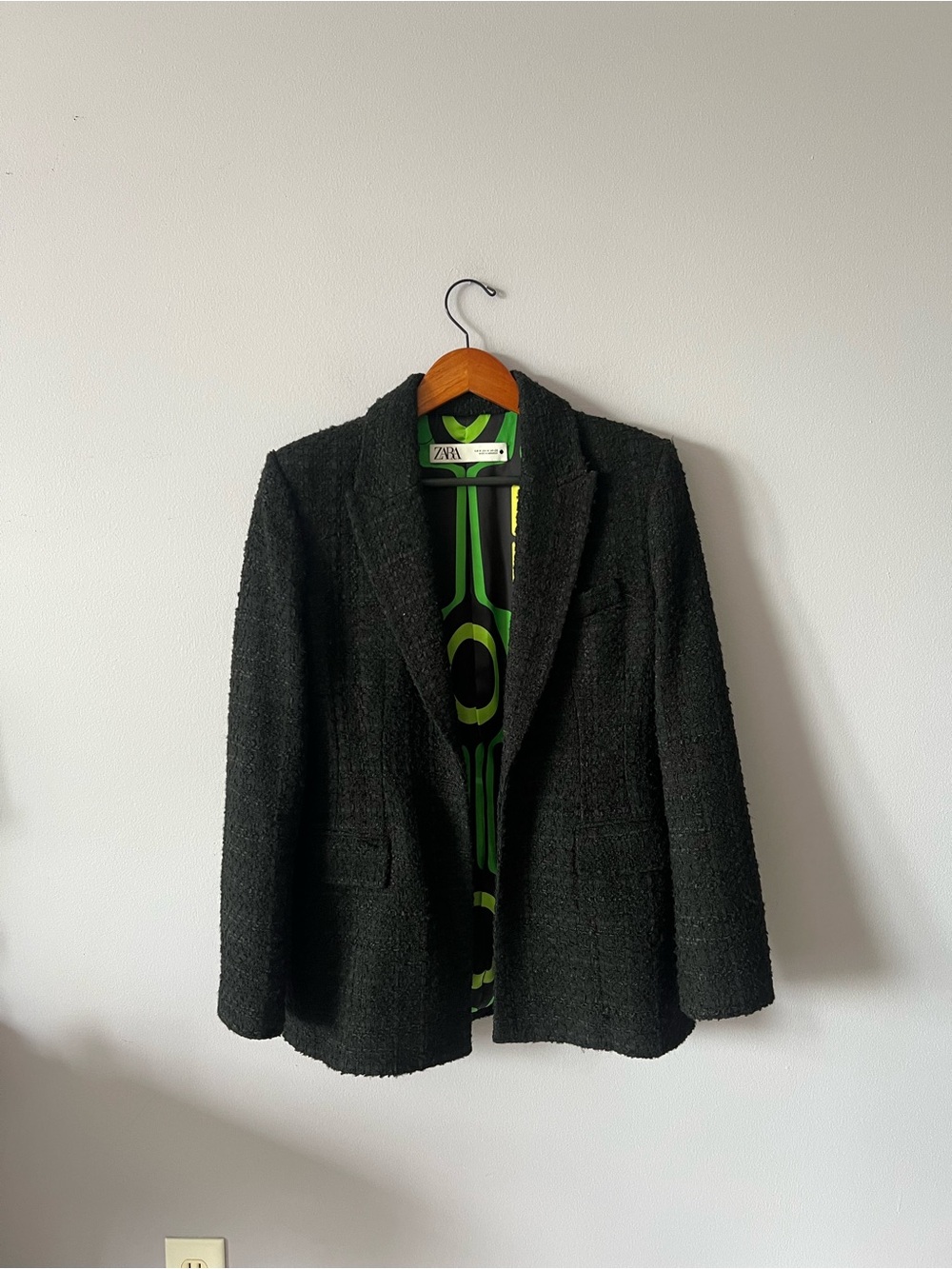 Zara Black Tweed Blazer with Green Patterned Lining